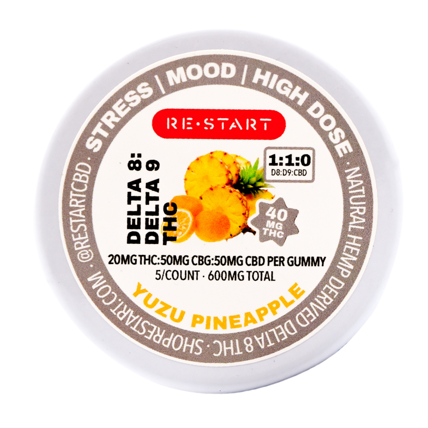 D9 D8 THC 40MG Gummies Yuzu Pineapple (1:1) / “NEW” 5-count Child Proof Tin